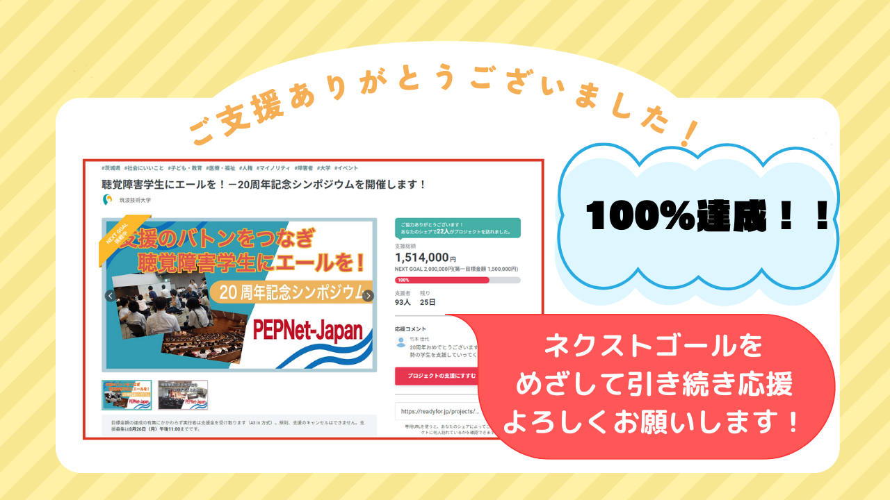 目標金額100％達成時のスクリーンショット