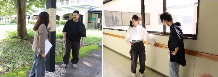 2枚の写真があります。どちらも、両大学の学生が1名ずつペアになり、春日キャンパスを探索している様子です。