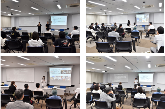 韓国研修の報告会の写真4枚が1つの画像になっている。上左は郭龍旻教授の報告の様子、上右は平戸心海さんの報告の様子、下左は本木佑果さんの報告の様子、下右は谷貴幸副学長の報告の様子。